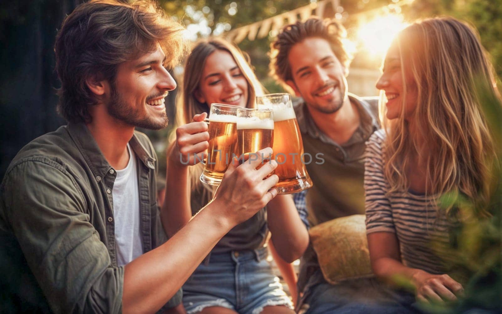 Four happy adults in their 30s  enjoying a cheerful beer toast at a sunset garden party.