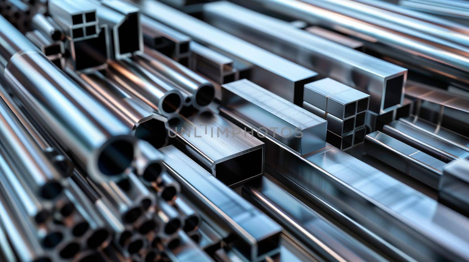 Close-up of metal profiles and tubes in a storehouse. Different stainless steel products. AI generated