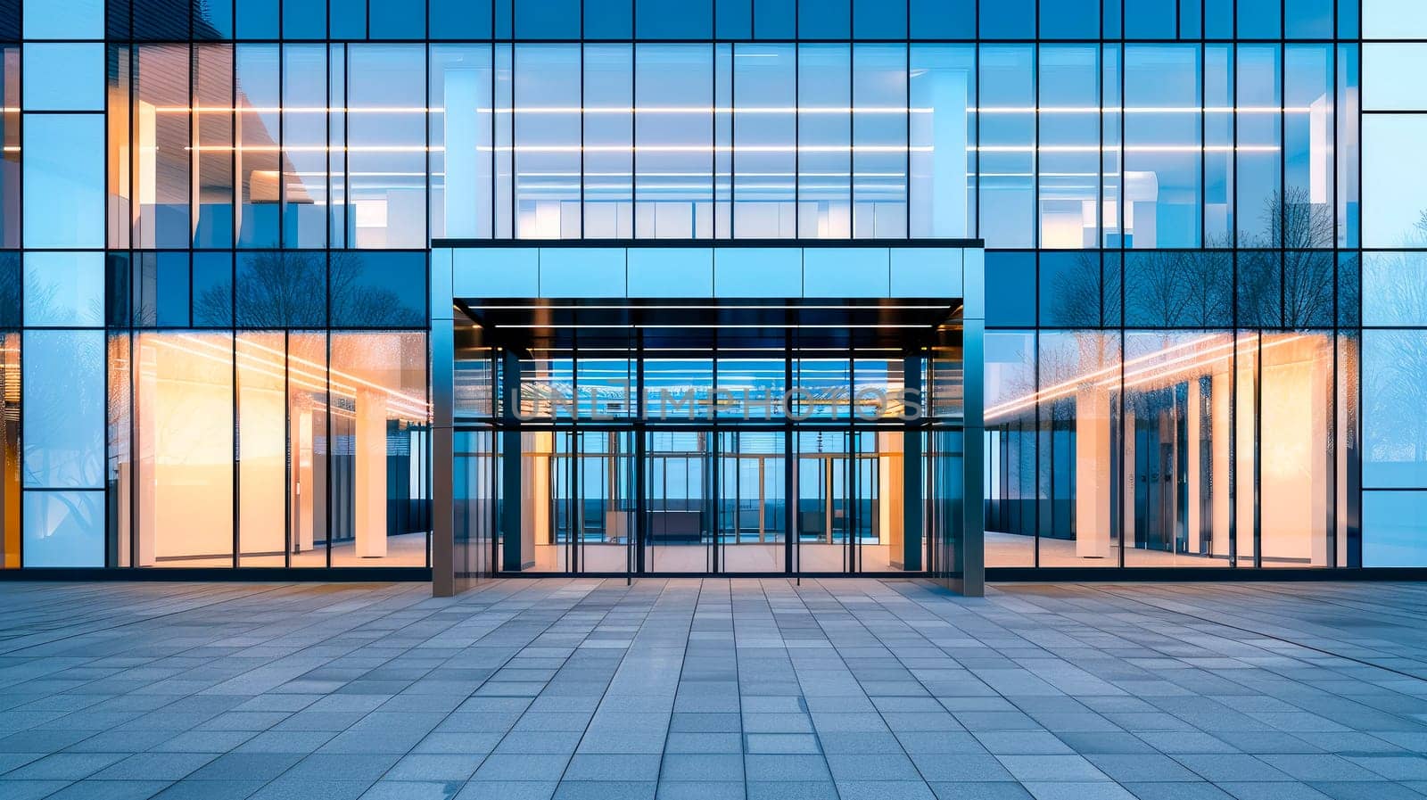 Wide view of the front of an office building with a glass facade, minimalist design. AI generated