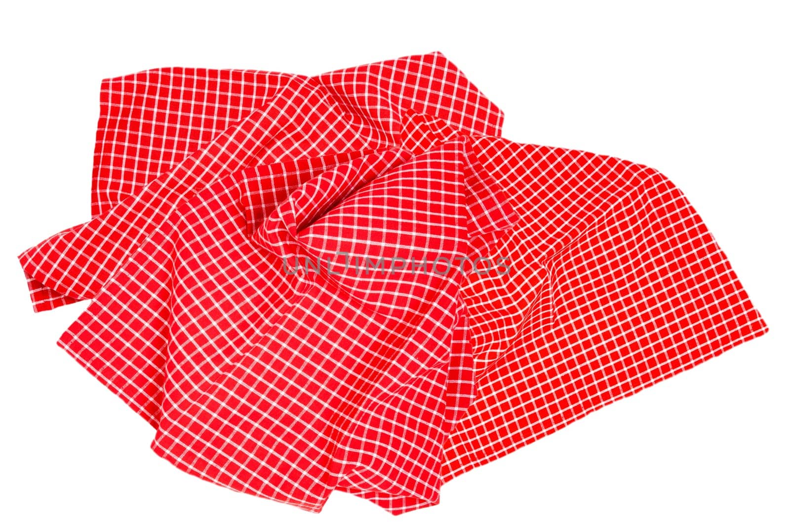 Closeup of a red and white checkered napkin or tablecloth texture isolated on white background. Kitchen accessories. Top view.