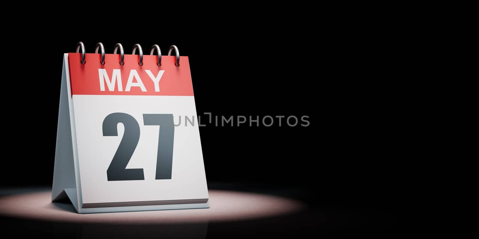 Red and White May 27 Desk Calendar Spotlighted on Black Background with Copy Space 3D Illustration