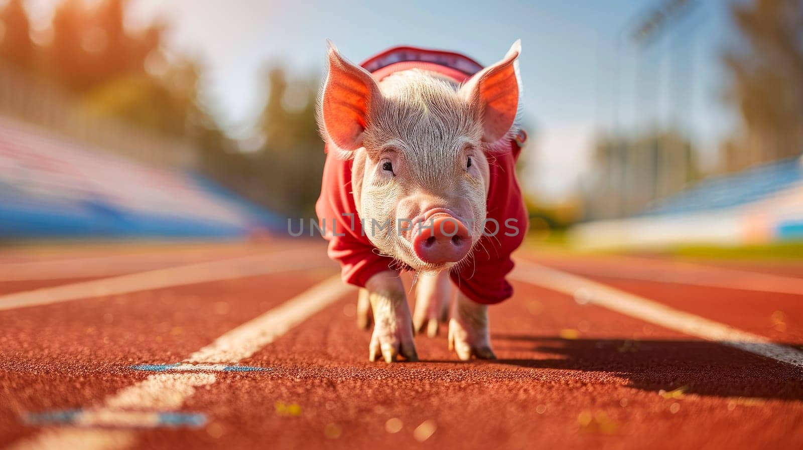 A pig wearing a sports track suit and stands on the stadium jogging track, healthy lifestyle concept. AI generated