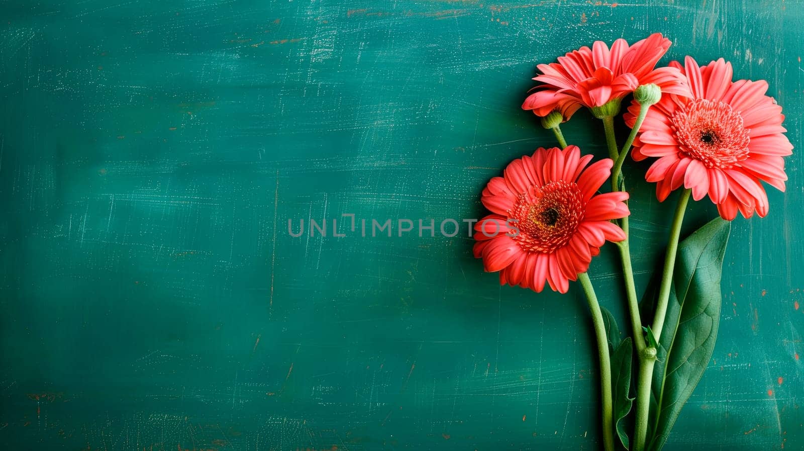 Red gerbera flowers on green chalkboard, copy space. Back to school concept. AI generated