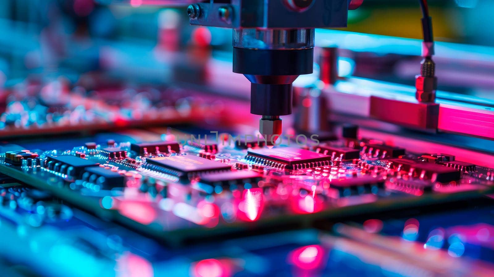 The automatic Pick and Place machine quickly installs components onto a universal PCB. Manufacturing of electronics and printed circuit boards. AI generated