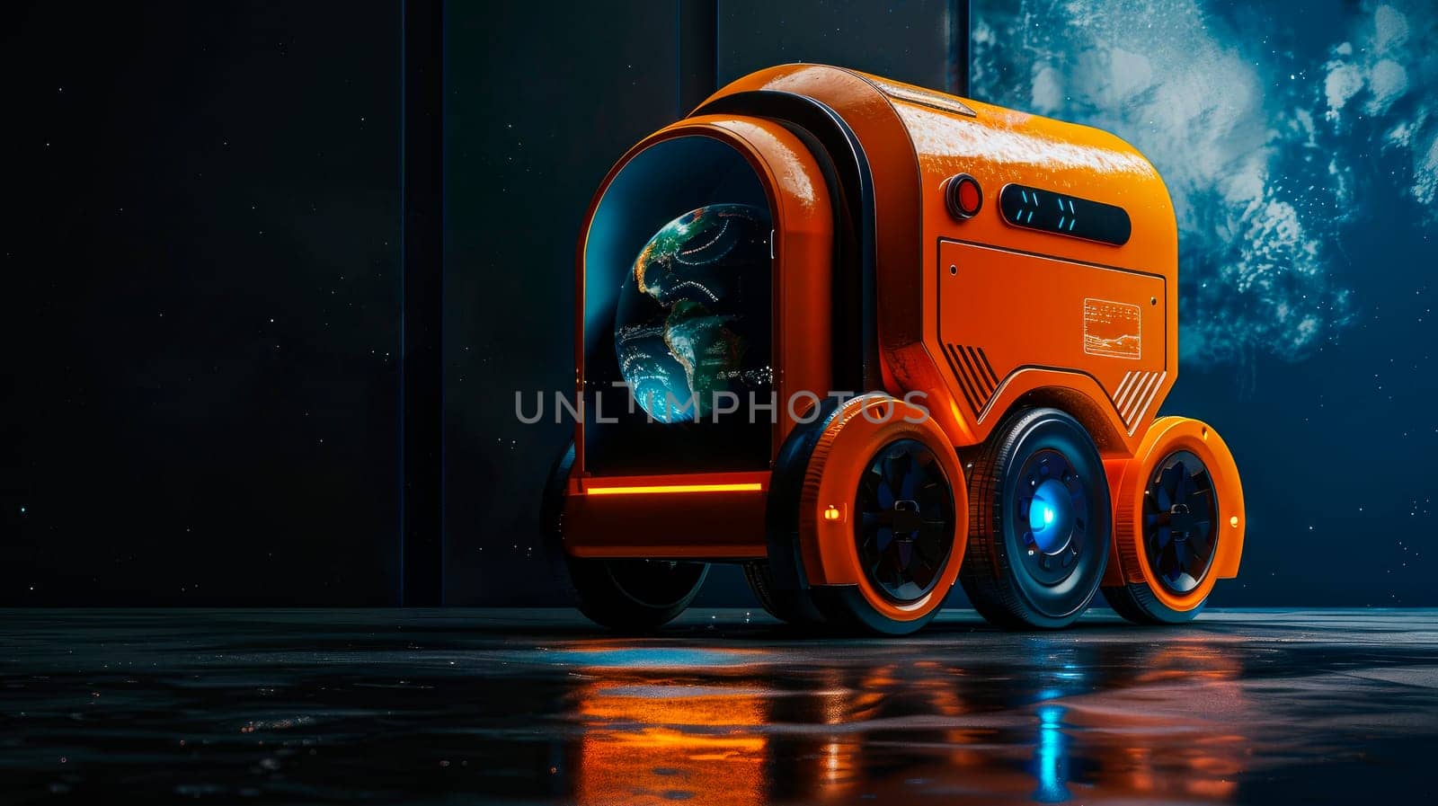 Orange driverless sanitation vehicle. Futuristic trash truck on alien plant. AI generated