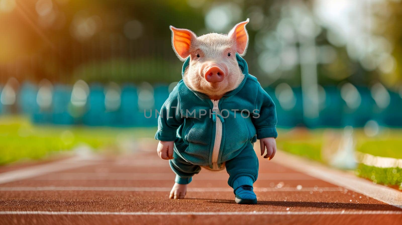 A pig wearing a sports track suit and one sport shoe, stands on the stadium jogging track, healthy lifestyle concept. AI generated