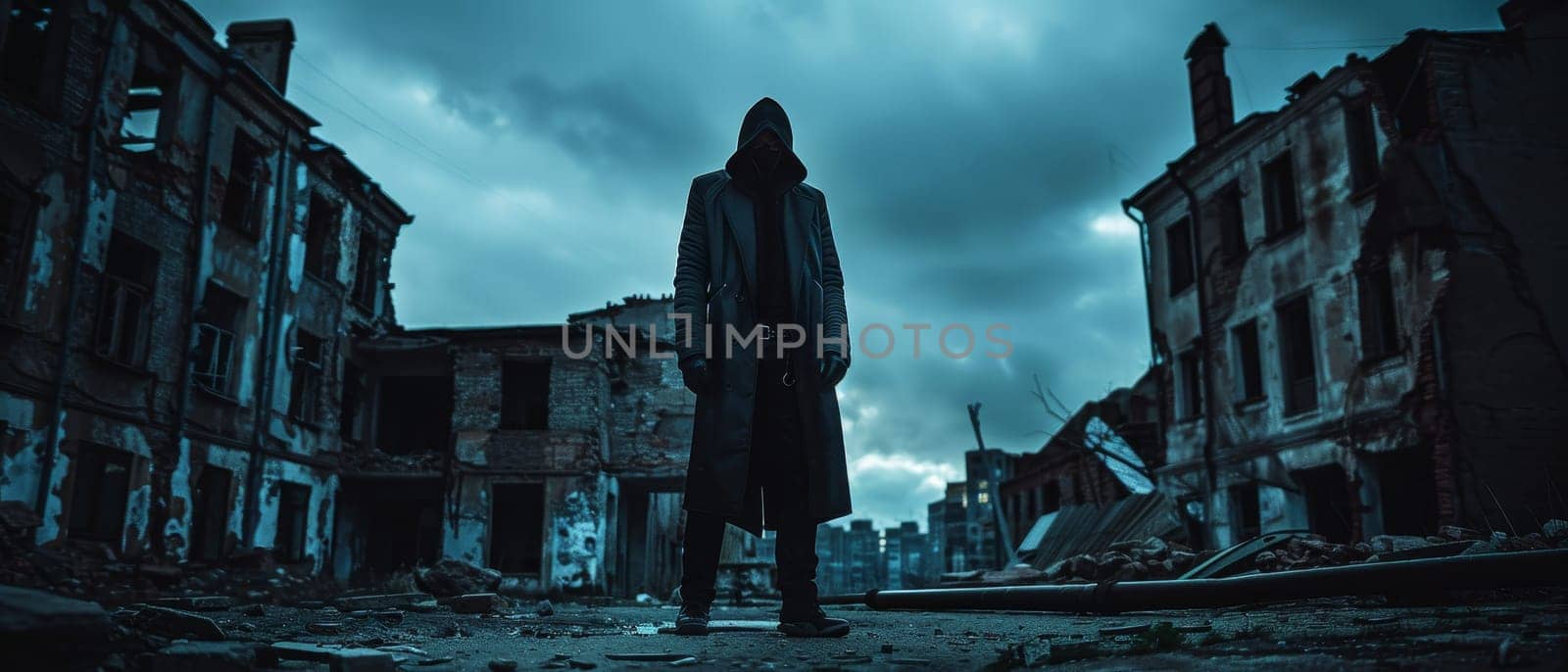 A hooded figure stands ominously against a backdrop of dystopian ruins. The moody atmosphere is palpable in this cinematic portrayal of desolation