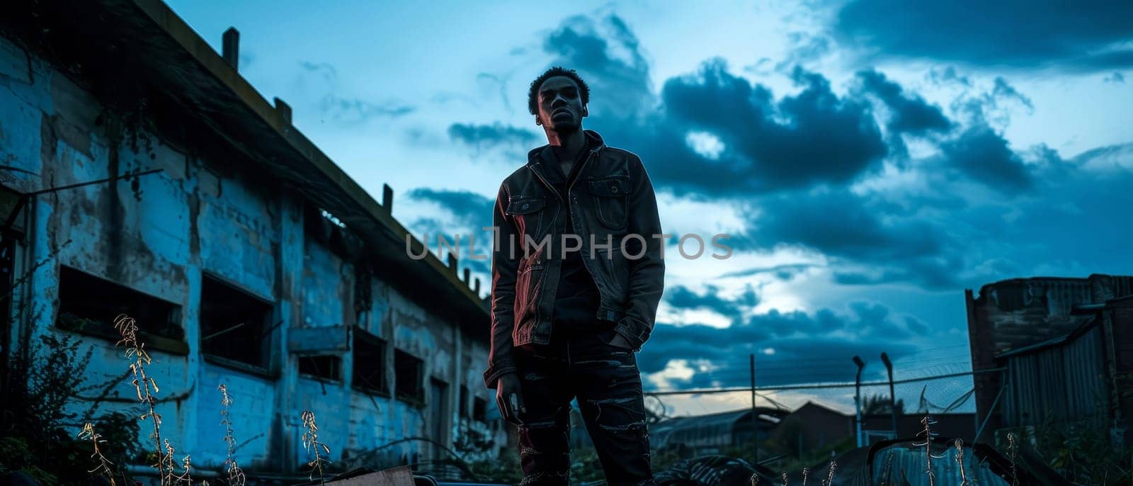 A figure is silhouetted against a striking sunset, offering a moment of beauty and hope amidst the stark backdrop of urban decay and ruin