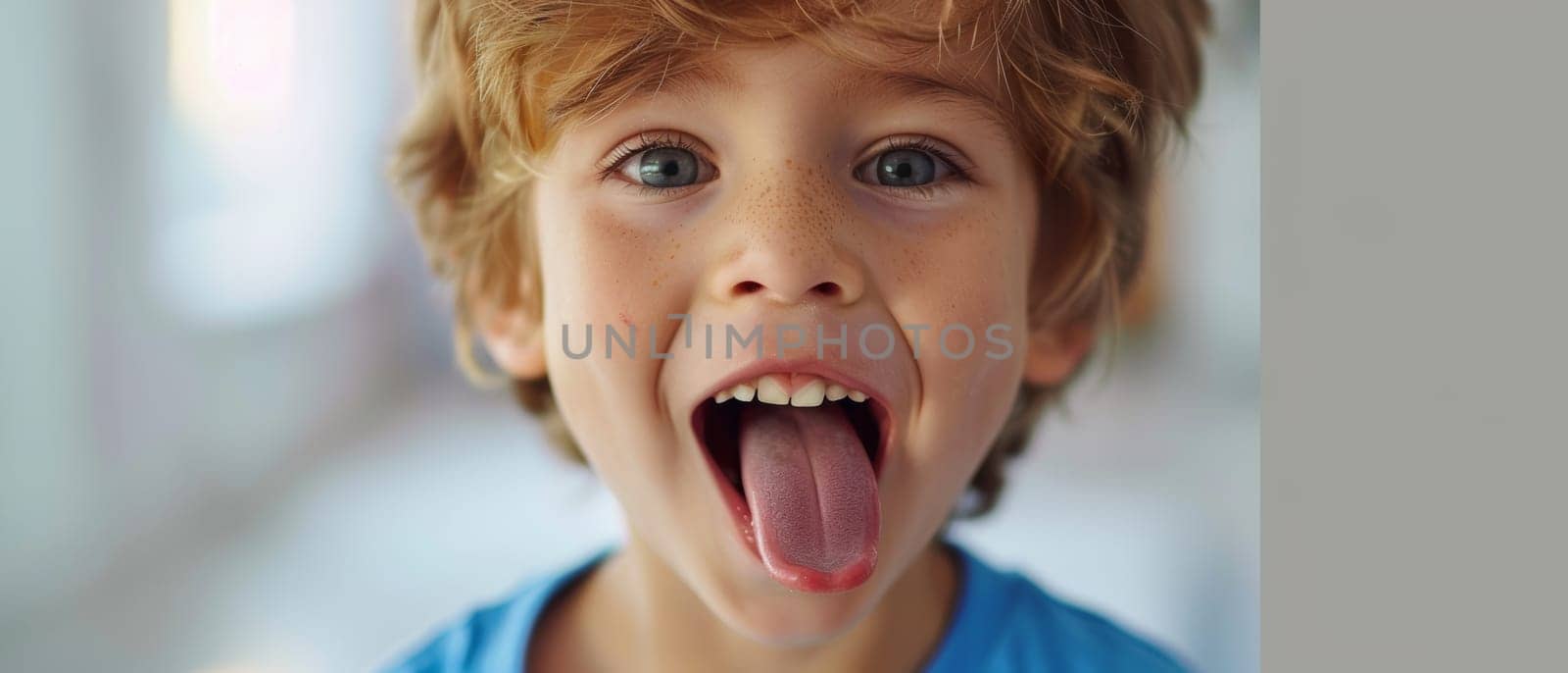 A young boy with sandy hair and striking blue eyes sticks out his tongue, an image of youthful joy and carefree exuberance. His freckled face adds to his charm
