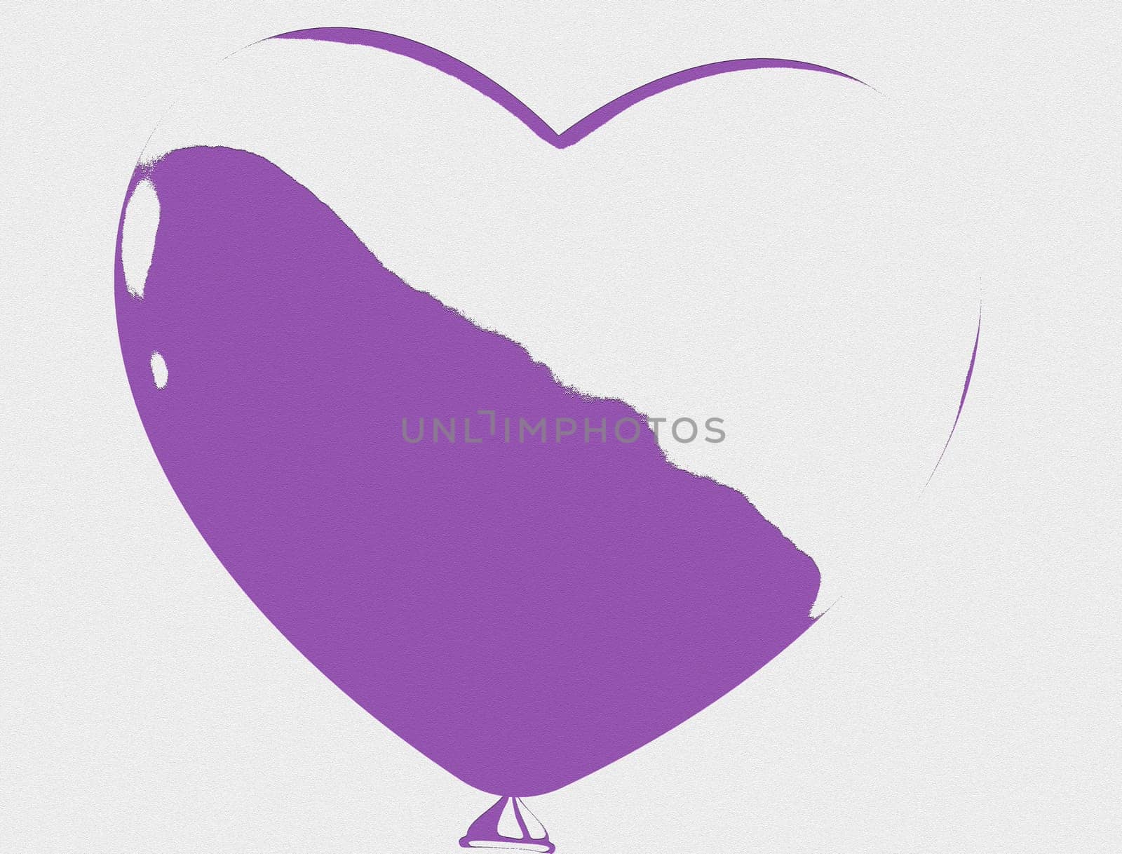 A balloon in the shape of a heart half painted purple in close-up on a white background