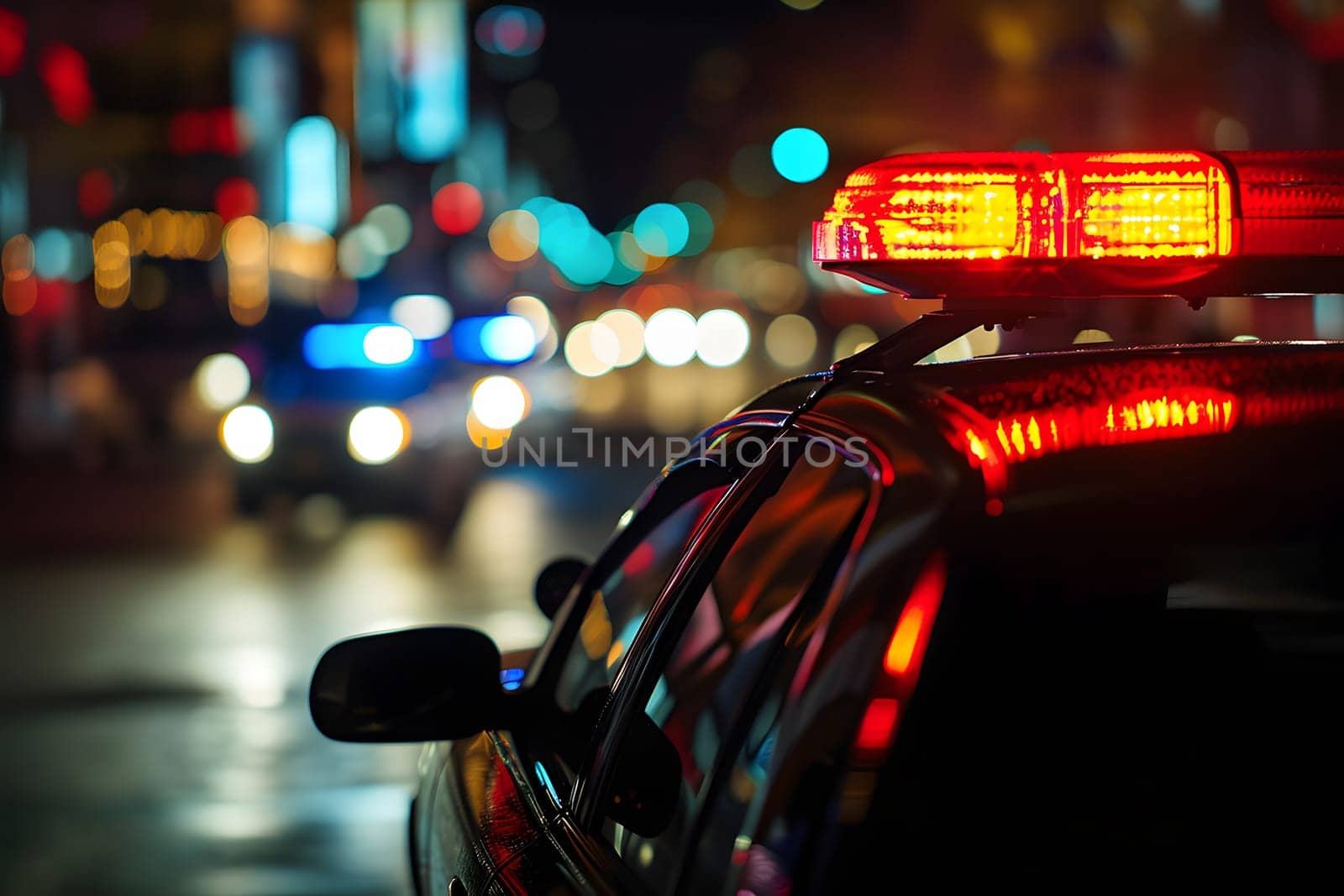police car lights at night in city street with selective focus and bokeh. Neural network generated image. Not based on any actual person or scene.