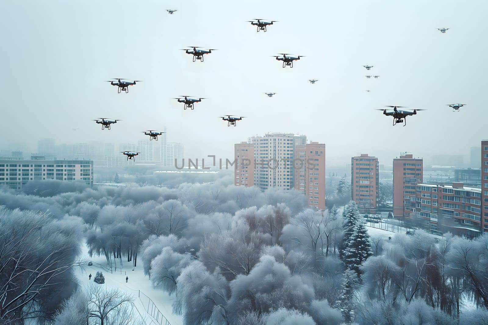 Group of drones over city at winter day or morning. Neural network generated image. Not based on any actual scene or pattern.