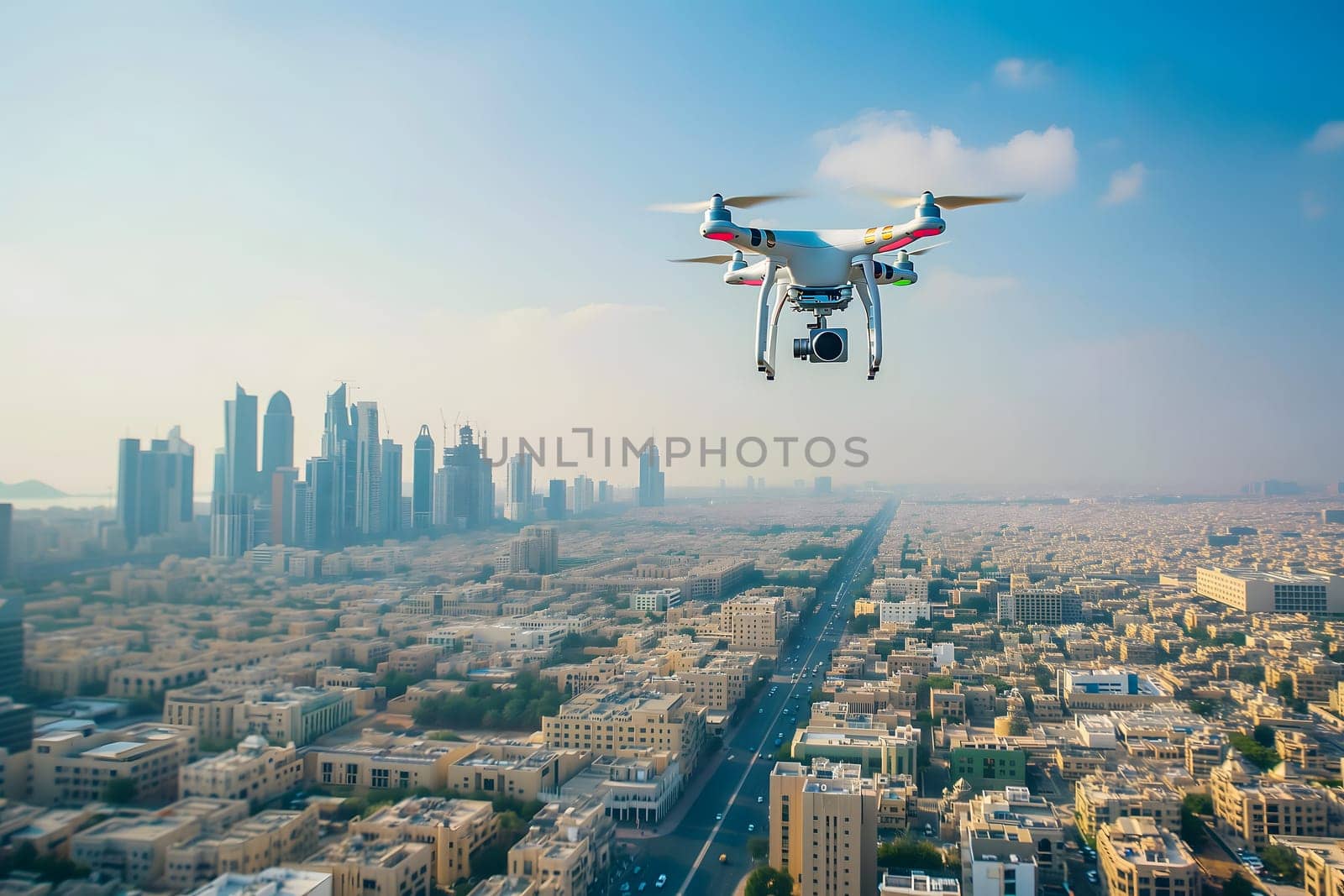 Flying drone above the city at sunny summer day. Neural network generated image. Not based on any actual scene or pattern.