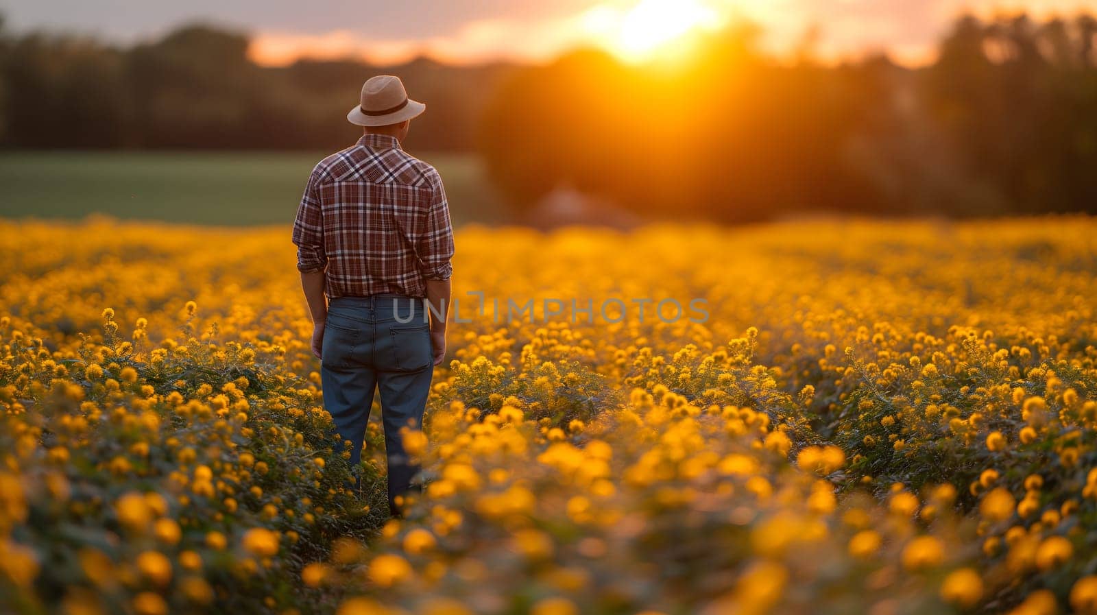 Farmer standing at the field at sunset or sunrise, rear view. Neural network generated in January 2024. Not based on any actual scene or pattern.