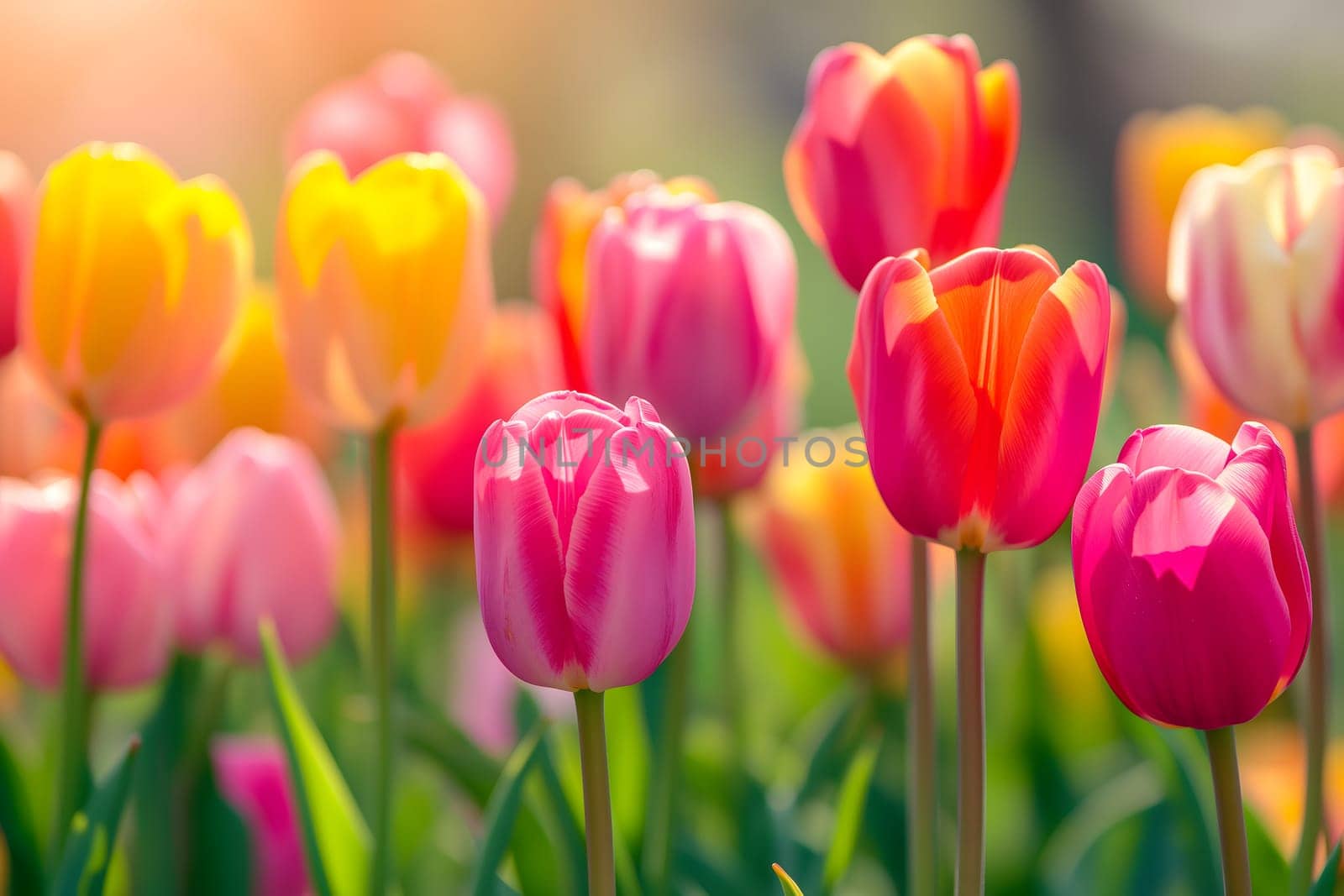 Beautiful Spring Nature background with tulip Flowers, selective focus. Vivid colors. Neural network generated in January 2024. Not based on any actual scene or pattern.