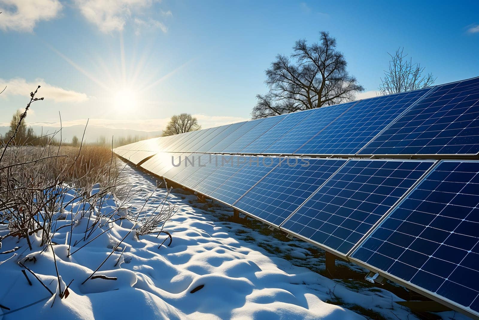 Photovoltaic solar panels in the field at sunny winter day. Neural network generated in January 2024. Not based on any actual scene or pattern.