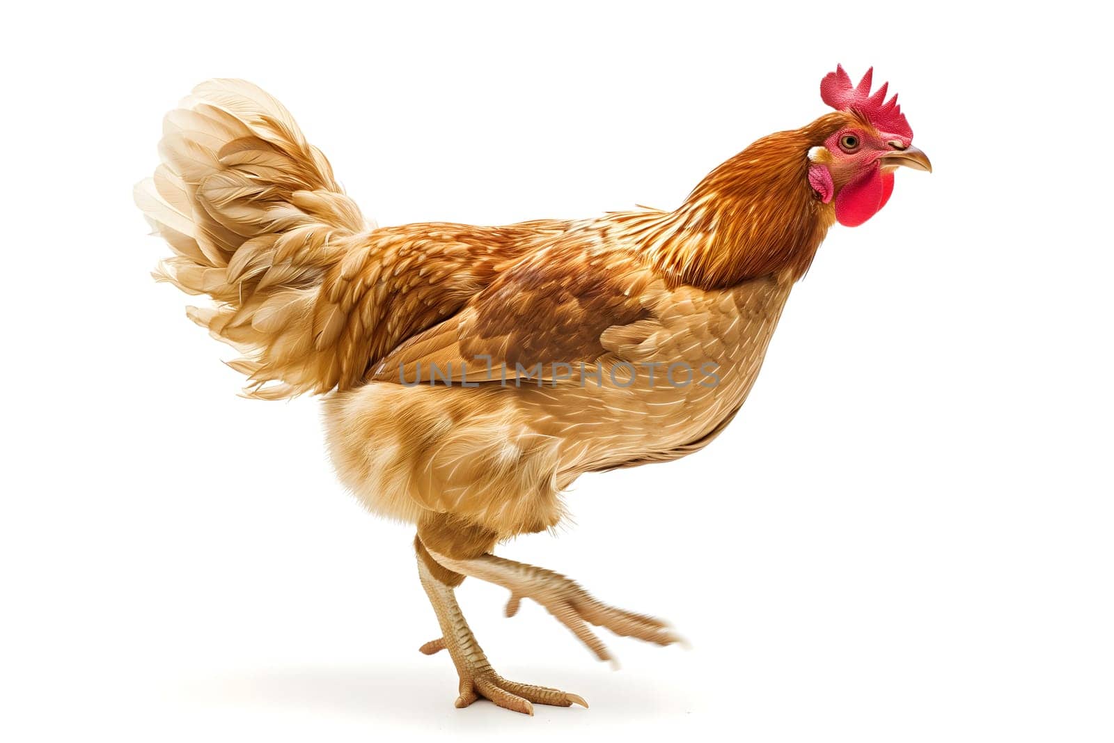 Chicken hen on white background. Neural network generated image. Not based on any actual scene or pattern.