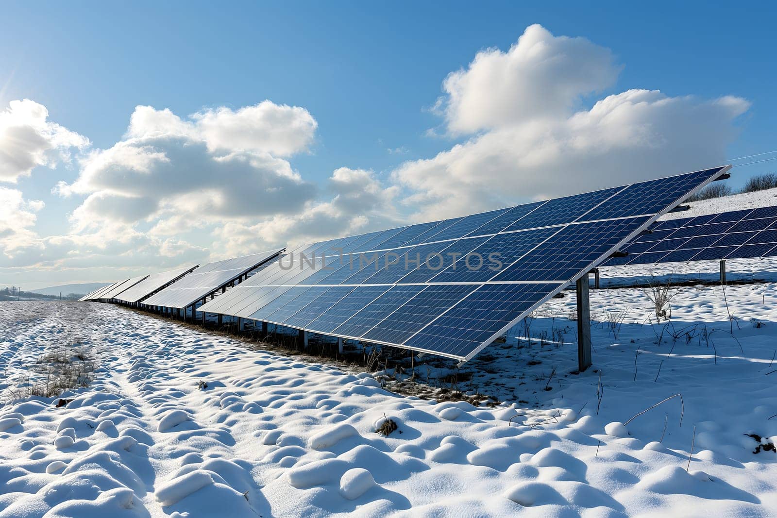 Photovoltaic solar panels in the field at sunny winter day. Neural network generated in January 2024. Not based on any actual scene or pattern.