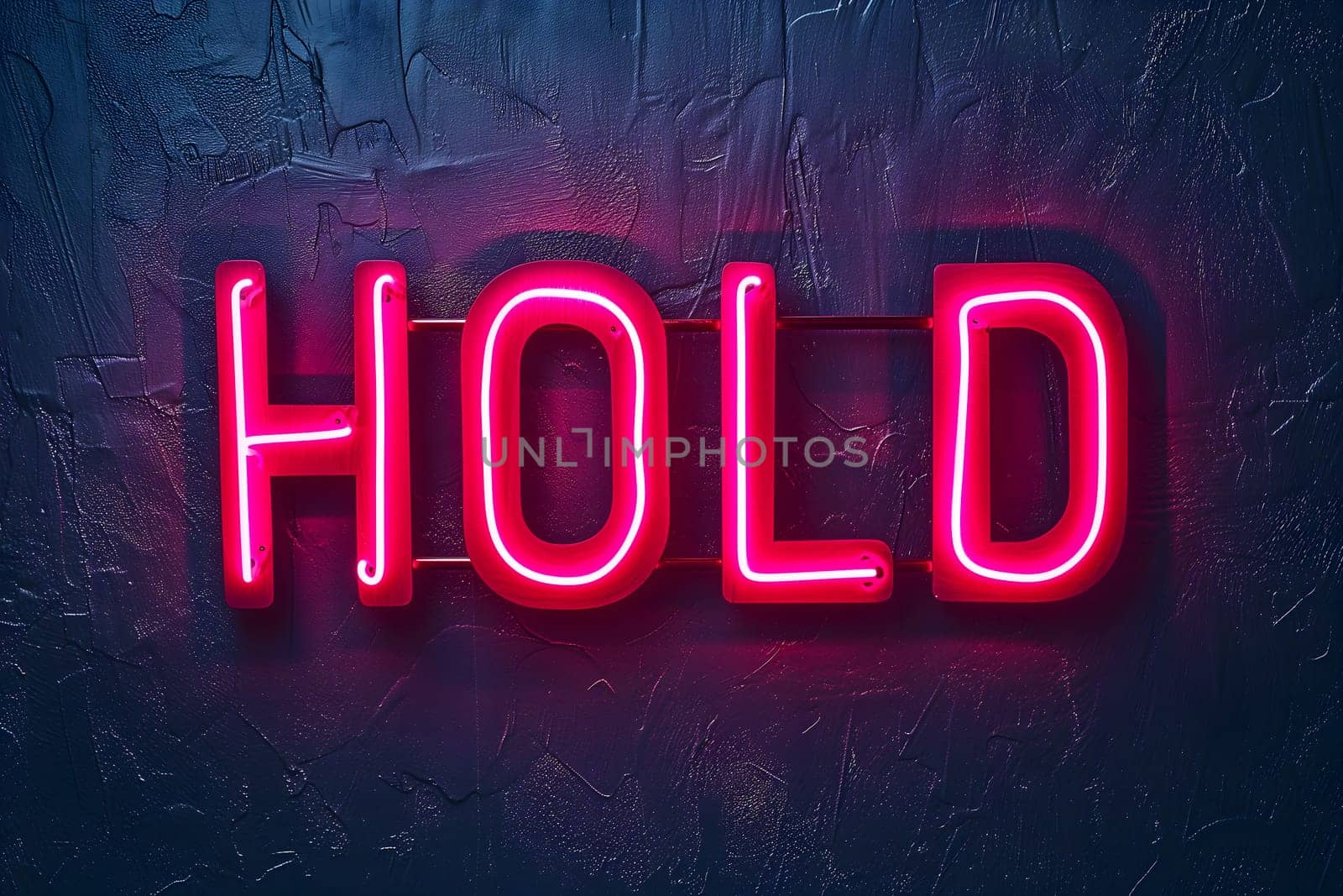Neon inscription hold on dark shabby wall. Neural network generated image. Not based on any actual scene or pattern.