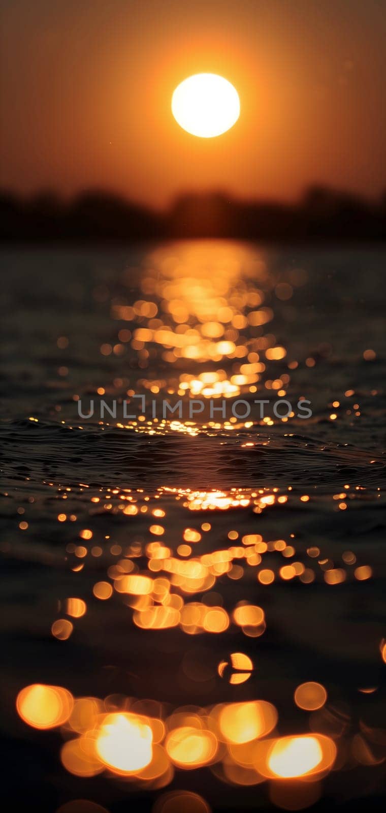 Sunset bokeh on water: golden sky over a body of water, with the light reflecting and creating a bokeh effect.. Neural network generated image. Not based on any actual scene or pattern.
