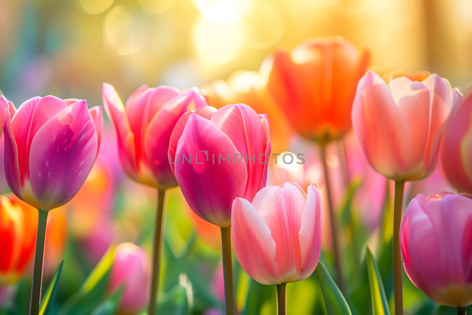 Beautiful Spring Nature background with tulip Flowers, selective focus. Vivid colors. Neural network generated in January 2024. Not based on any actual scene or pattern.