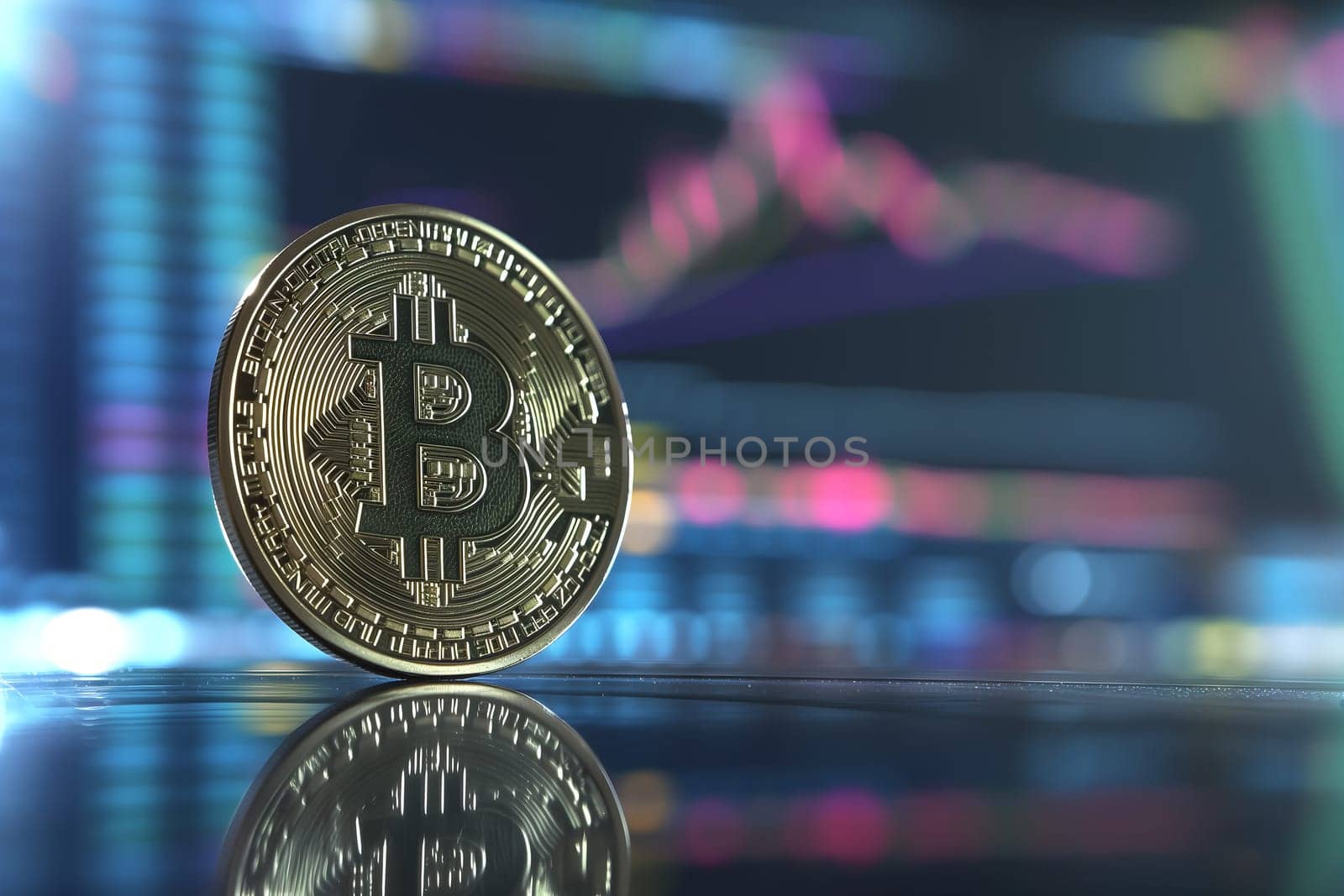 Bitcoin shiner in front of blurry trading charts screen. Dark appearance. Neural network generated image. Not based on any actual scene or pattern.