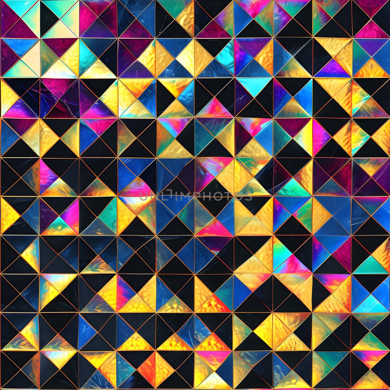 Seamless texture and full-frame background of colorful glass mosaic triangular tiles. Neural network generated image. Not based on any actual scene or pattern.