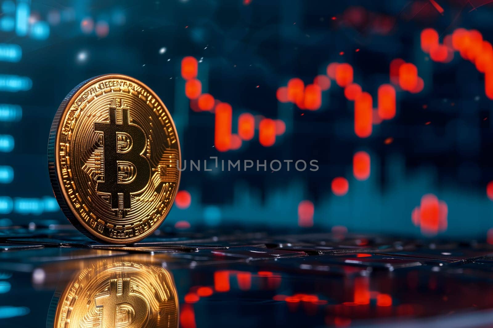 Bitcoin shiner in front of blurry trading charts screen. Dark appearance. Neural network generated image. Not based on any actual scene or pattern.