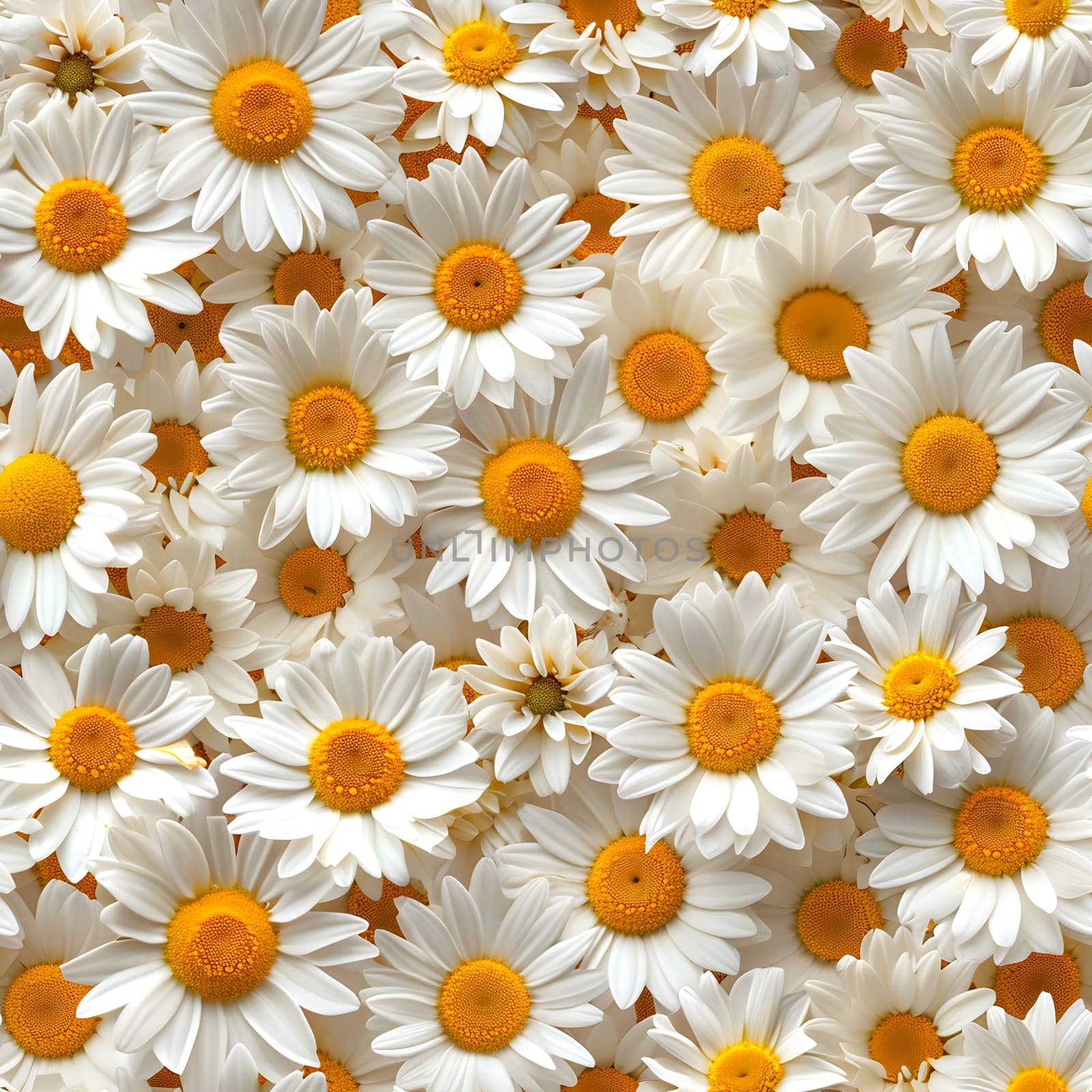 A Lot Of White Yellow Daisies or chamomile flowers - for full-frame background and seamless texture. Neural network generated image. Not based on any actual scene or pattern.