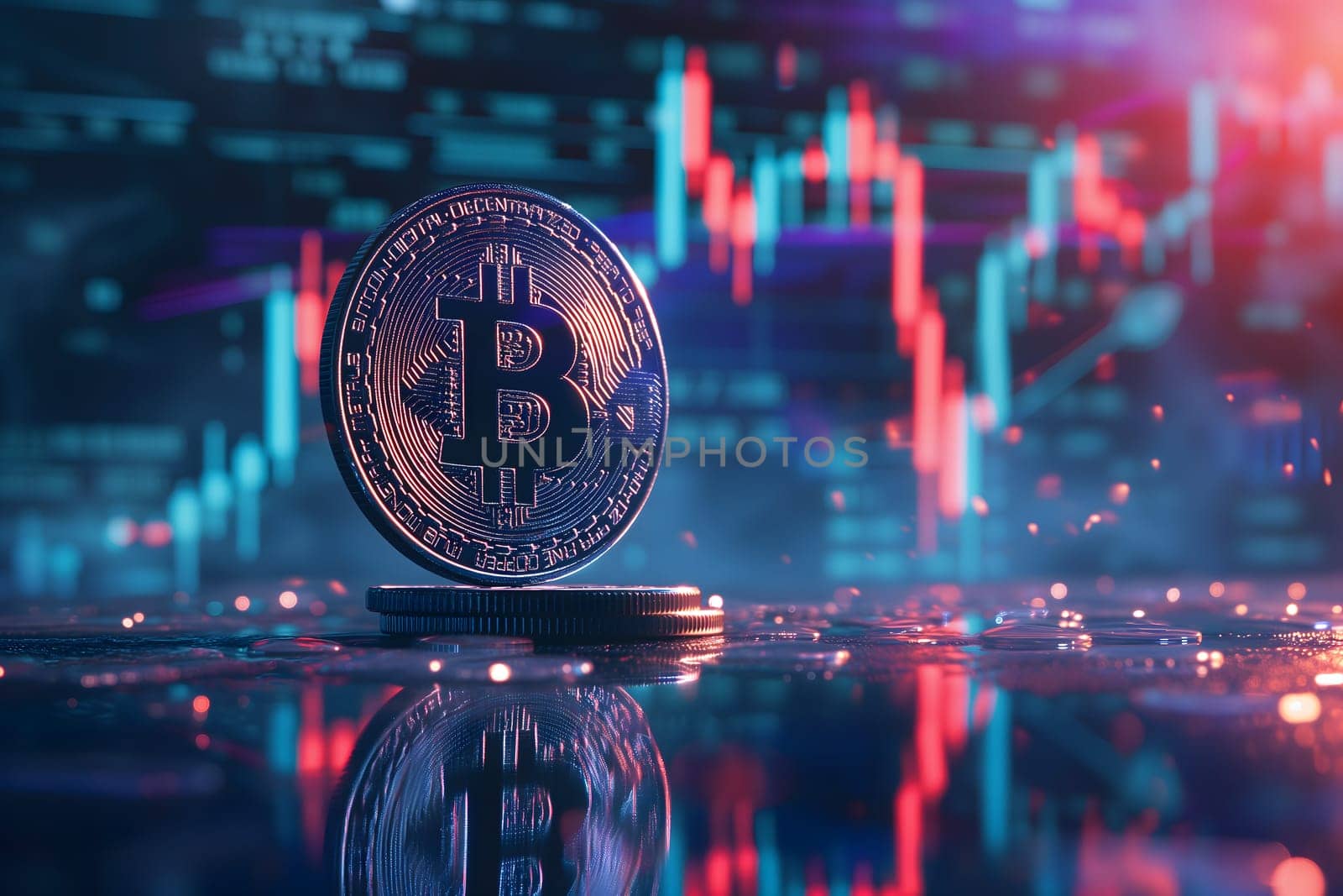 Bitcoin shiner in front of blurry trading charts screen. Dark appearance. Neural network generated image. Not based on any actual scene or pattern.