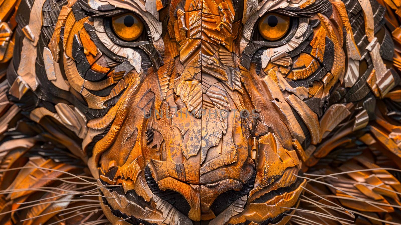 Big wooden head of tiger carved on the front door. Close up view. AI generated