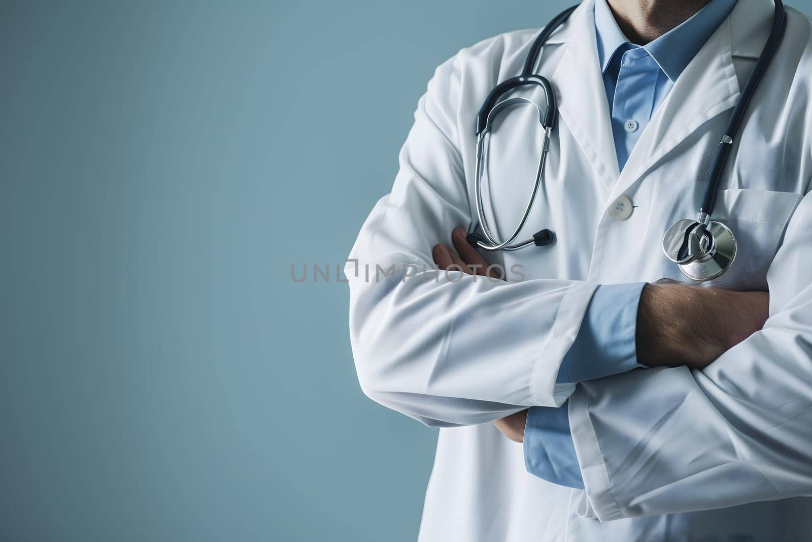 Abstract Medical Doctor, Symbolizing Compassion and Expertise asymmetrical composition with copy space. Neural network generated image. Not based on any actual scene or pattern.