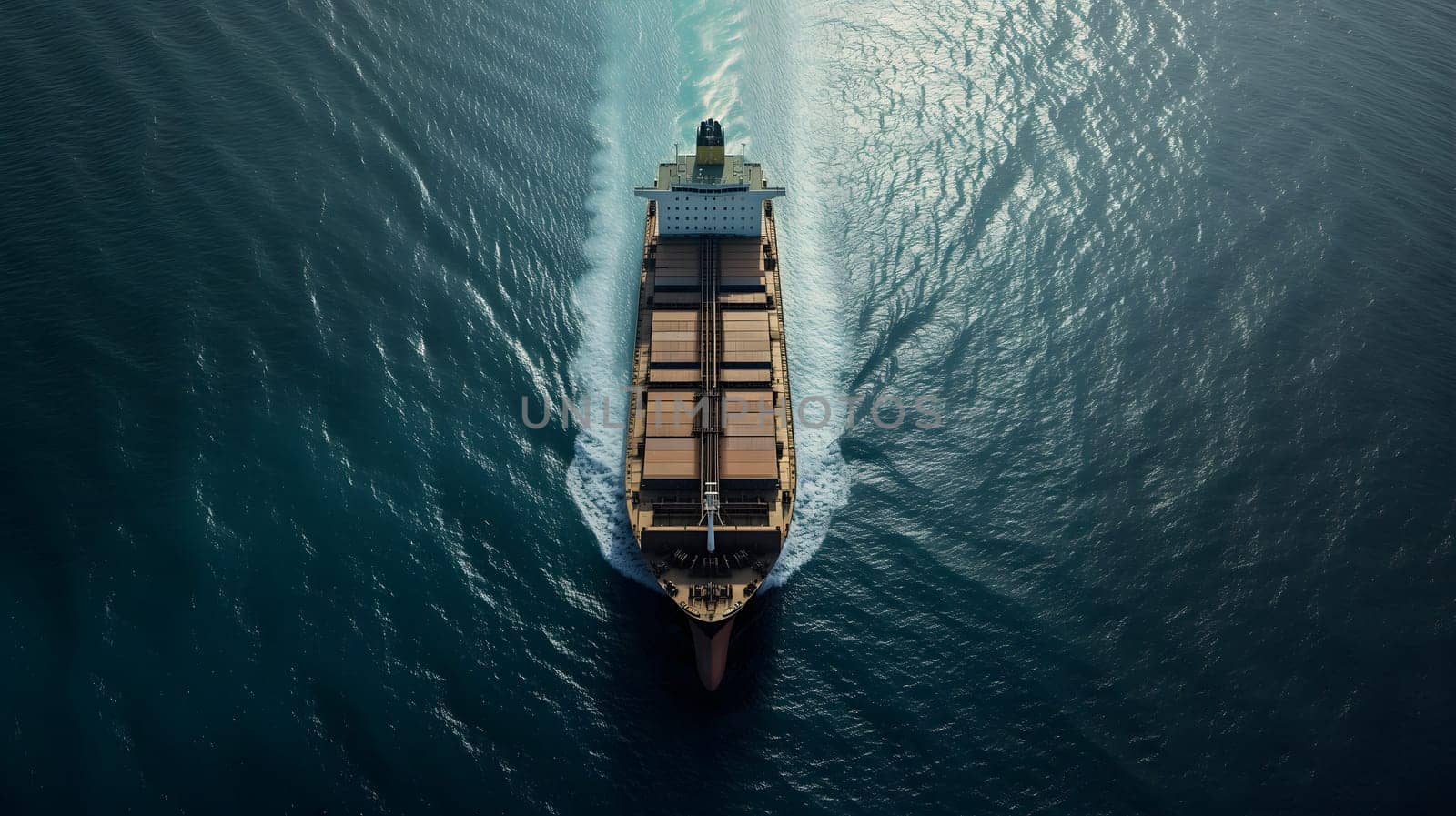 Cargo ship full of standard shipping containers at the sea during shipping at day time. Neural network generated image. Not based on any actual scene or pattern.