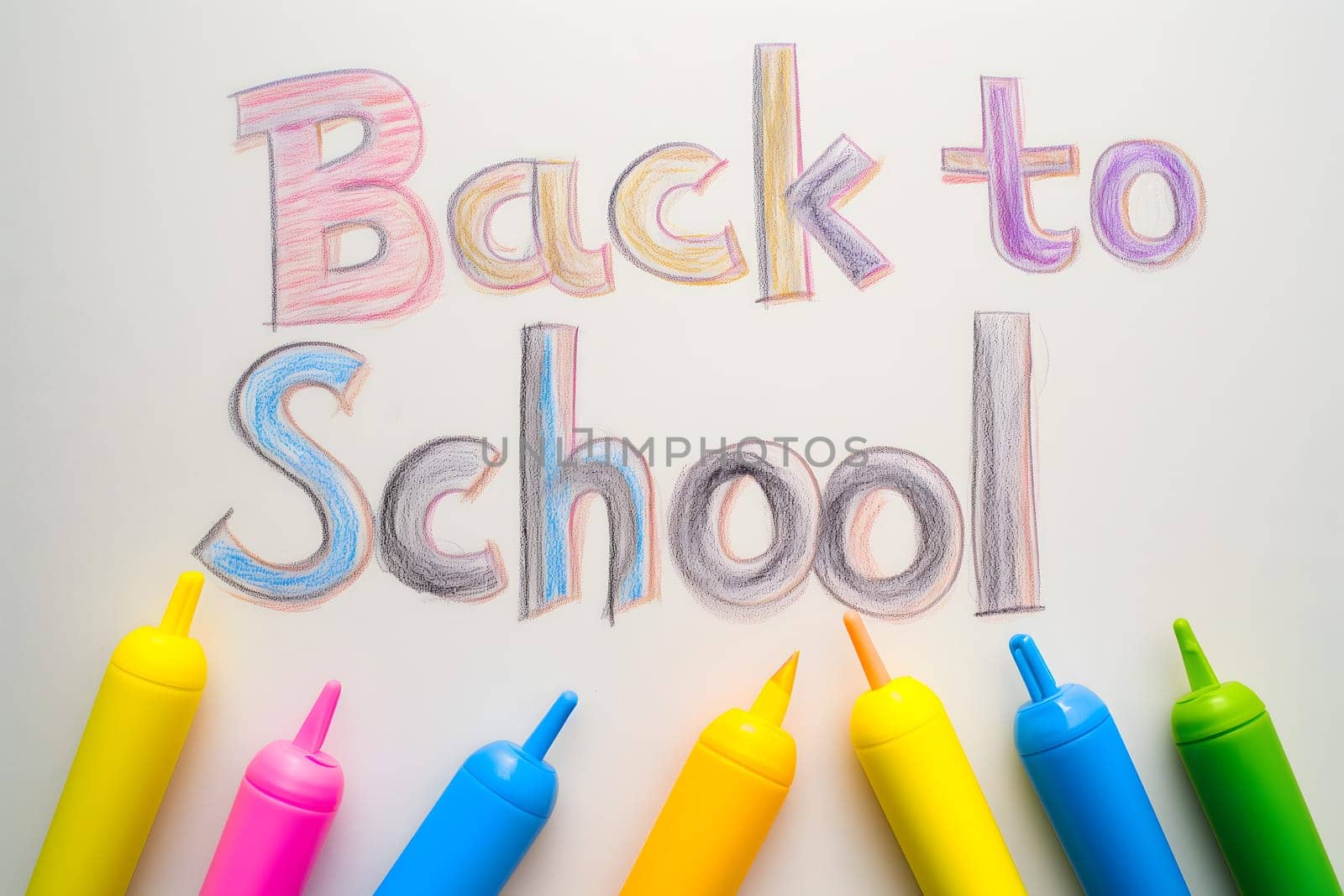 Naive children's drawing with colored chalk on white paper, made by hand by a child, text Back to School. Neural network generated image. Not based on any actual scene or pattern.