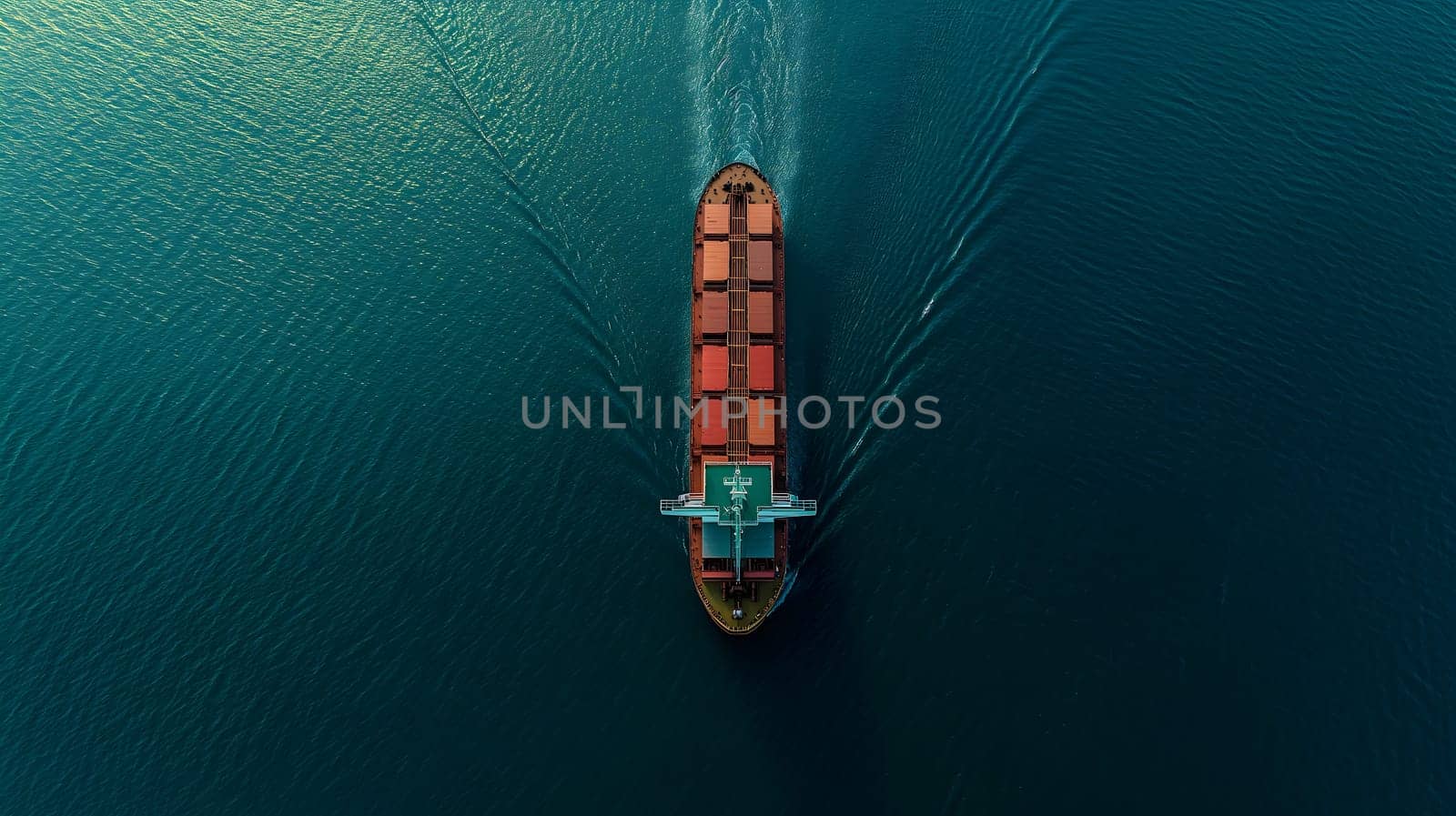 Cargo ship full of standard shipping containers at the sea during shipping at day time. Neural network generated image. Not based on any actual scene or pattern.