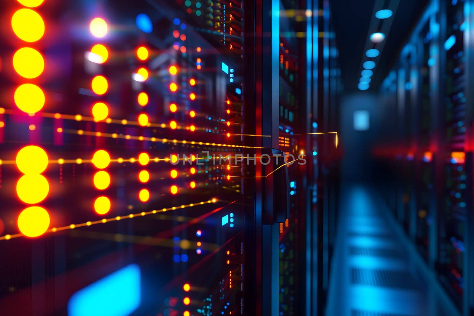 Server room with neon high contrast lighting. Neural network generated image. Not based on any actual scene or pattern.