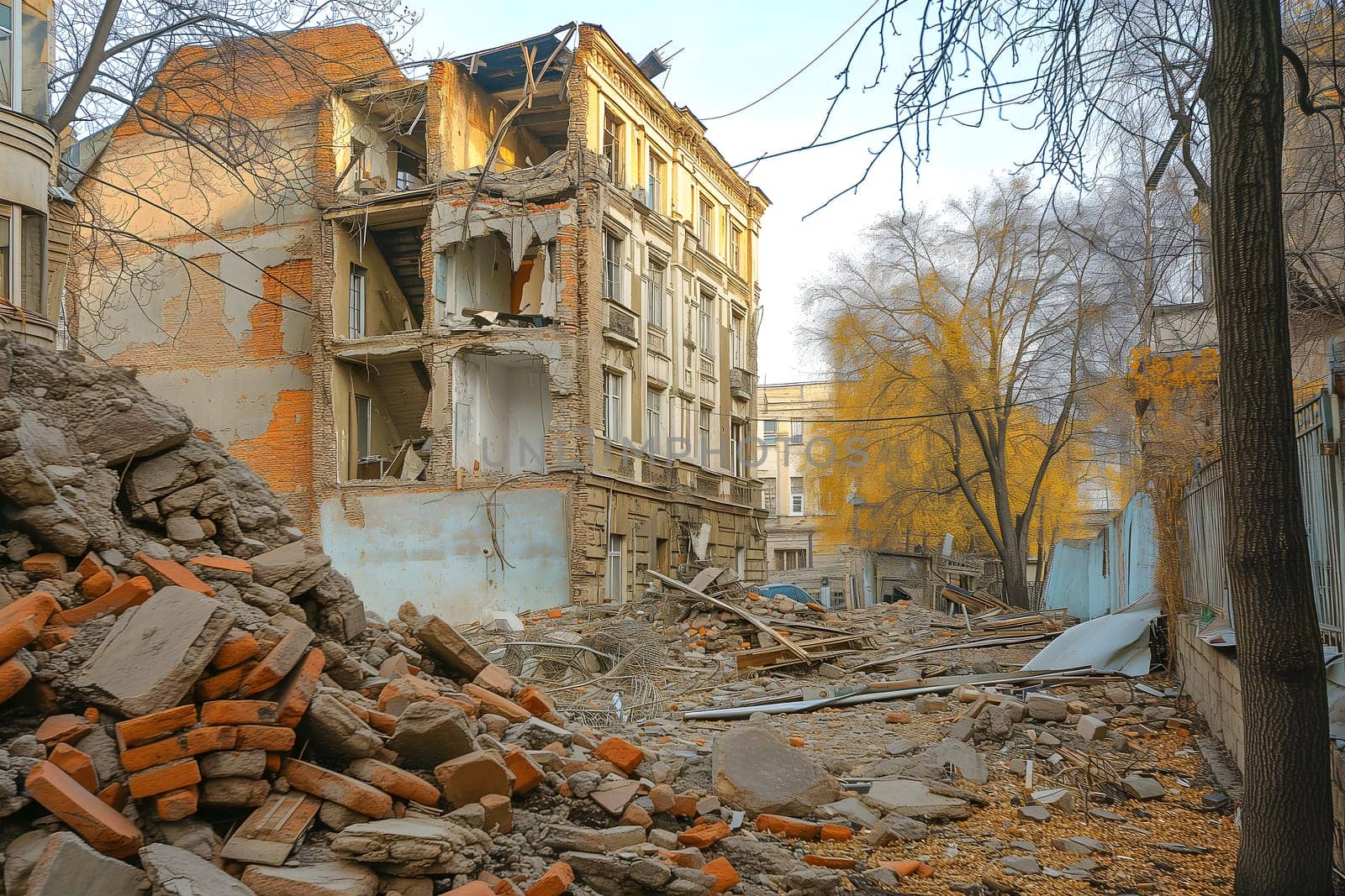 Ruined houses street after war. Neural network generated image. Not based on any actual scene or pattern.