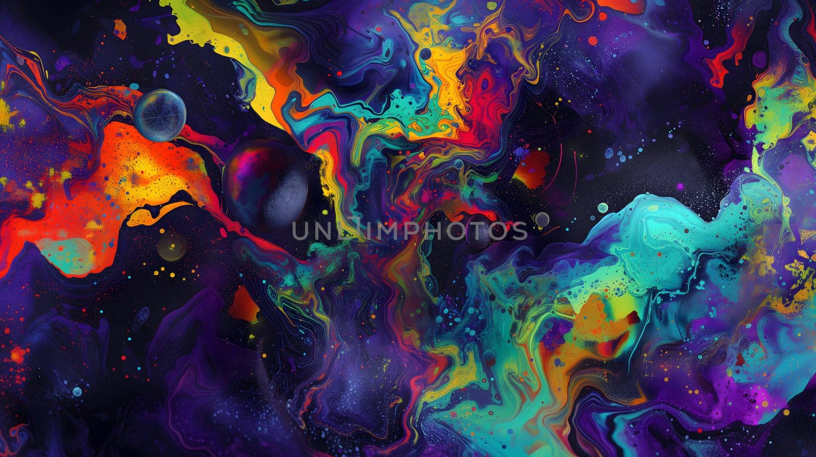 Saturated colorful mad abstract background, random different shapes and objects, hallucinations of ancient shaman after mushroom overdose. Neural network generated image. Not based on any actual scene or pattern.