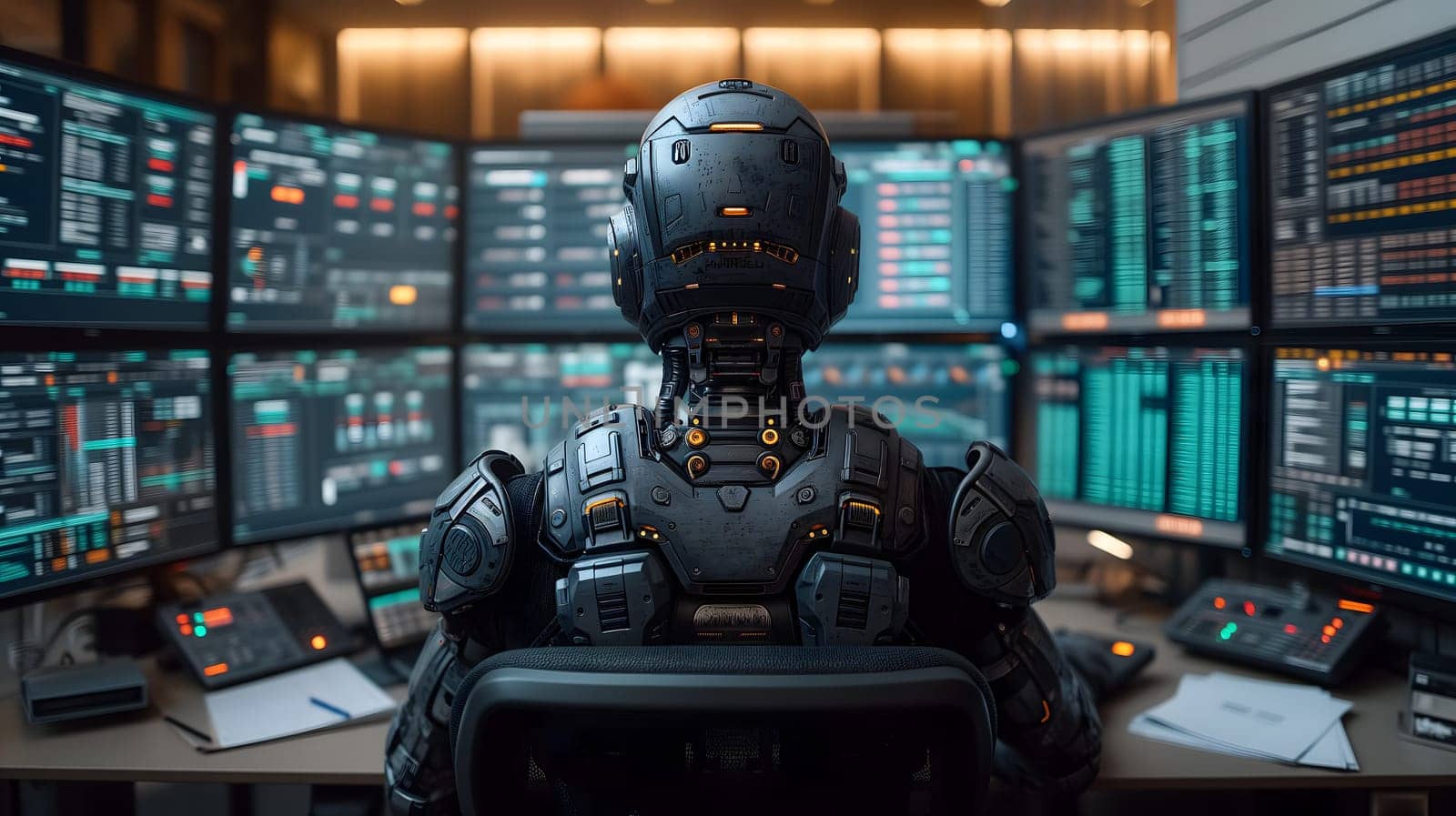 Back view of a financial analyst day trader robot working on computer with many screens that shows real-time stock data. Neural network generated image. Not based on any actual scene or pattern.