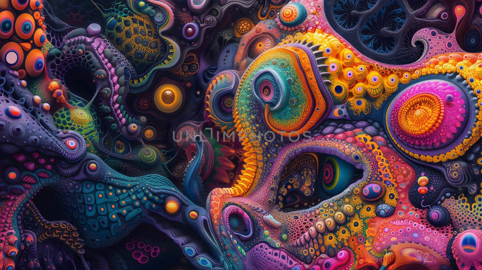 Saturated colorful mad abstract background, random different shapes and objects, hallucinations of ancient shaman after mushroom overdose. Neural network generated image. Not based on any actual scene or pattern.