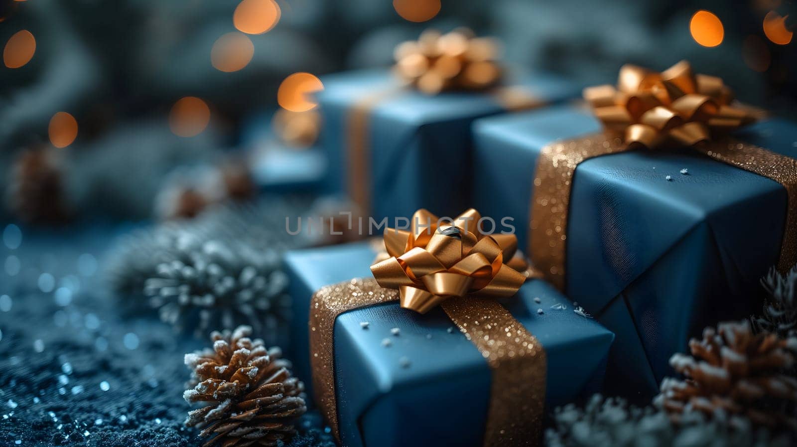 Blue Christmas gift boxes with a gold bow for holiday background. Neural network generated image. Not based on any actual scene or pattern.