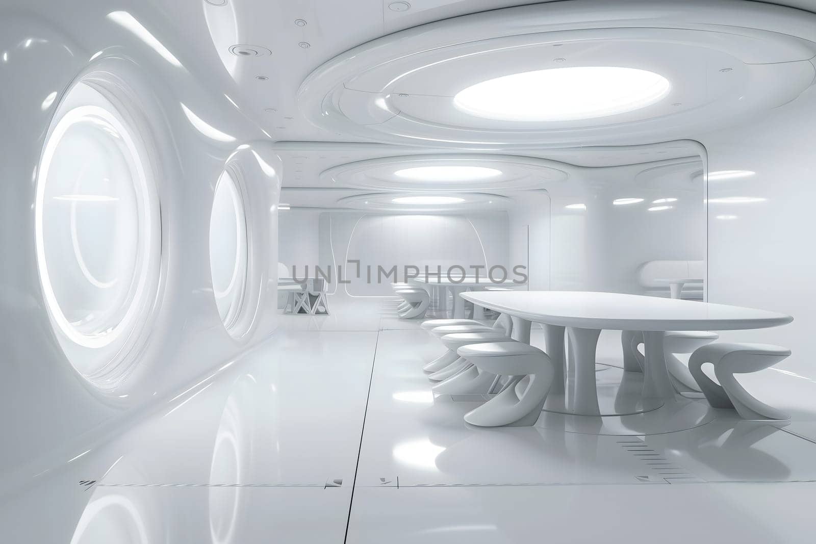 futuristic clean white space station style interior of dining room. Neural network generated image. Not based on any actual scene or pattern.