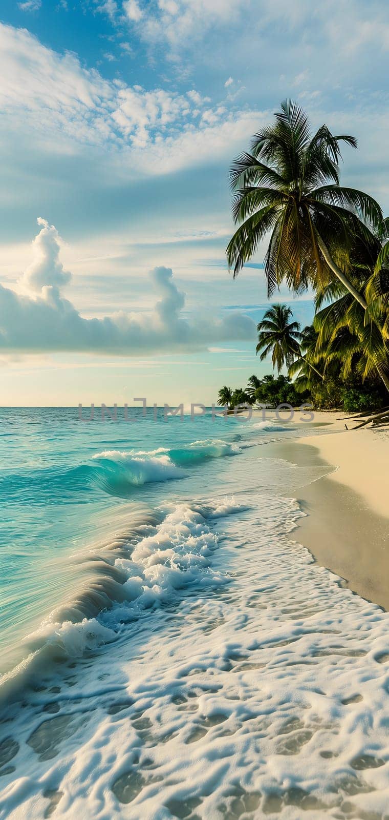 tropical beach view at sunny morning with white sand, turquoise water and palm tree. Neural network generated image. Not based on any actual scene or pattern.