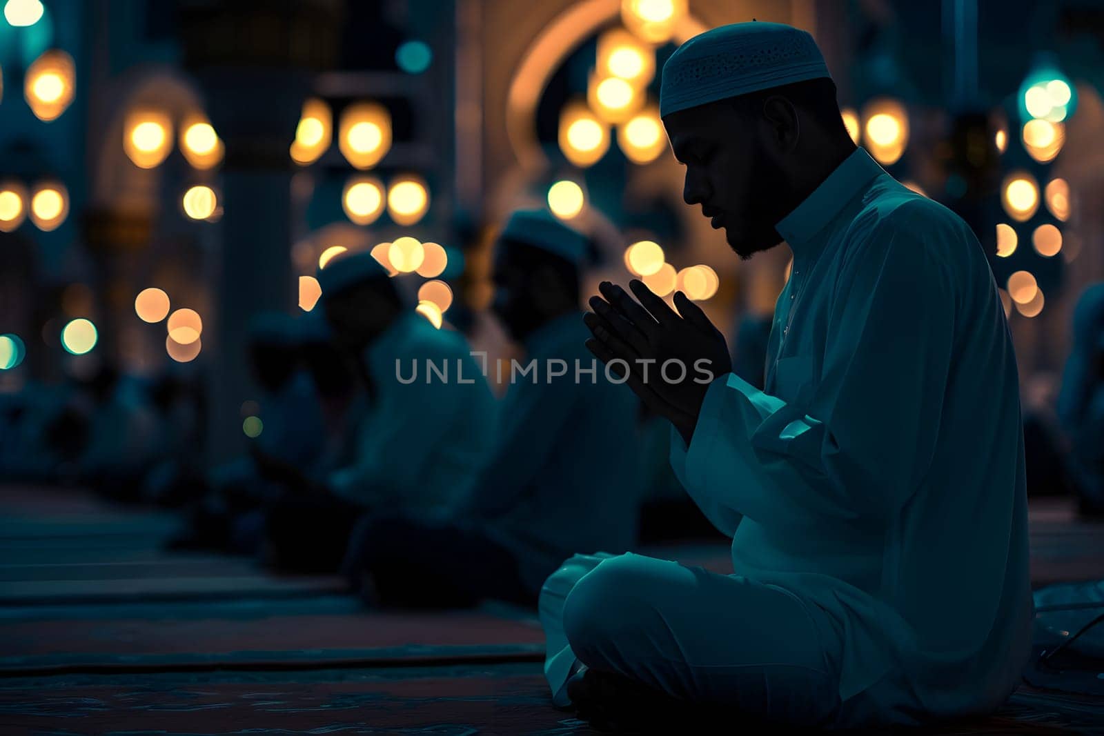 Muslim prayers praying at Ramadan night with selective focus. Neural network generated in January 2024. Not based on any actual scene or pattern.
