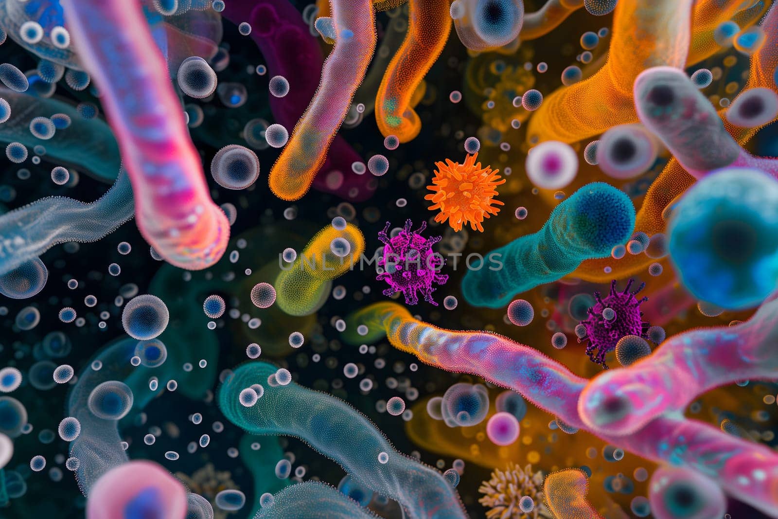 Diverse colorful abstract microbiome, containing many different types of microorganisms. Neural network generated in January 2024. Not based on any actual scene or pattern.