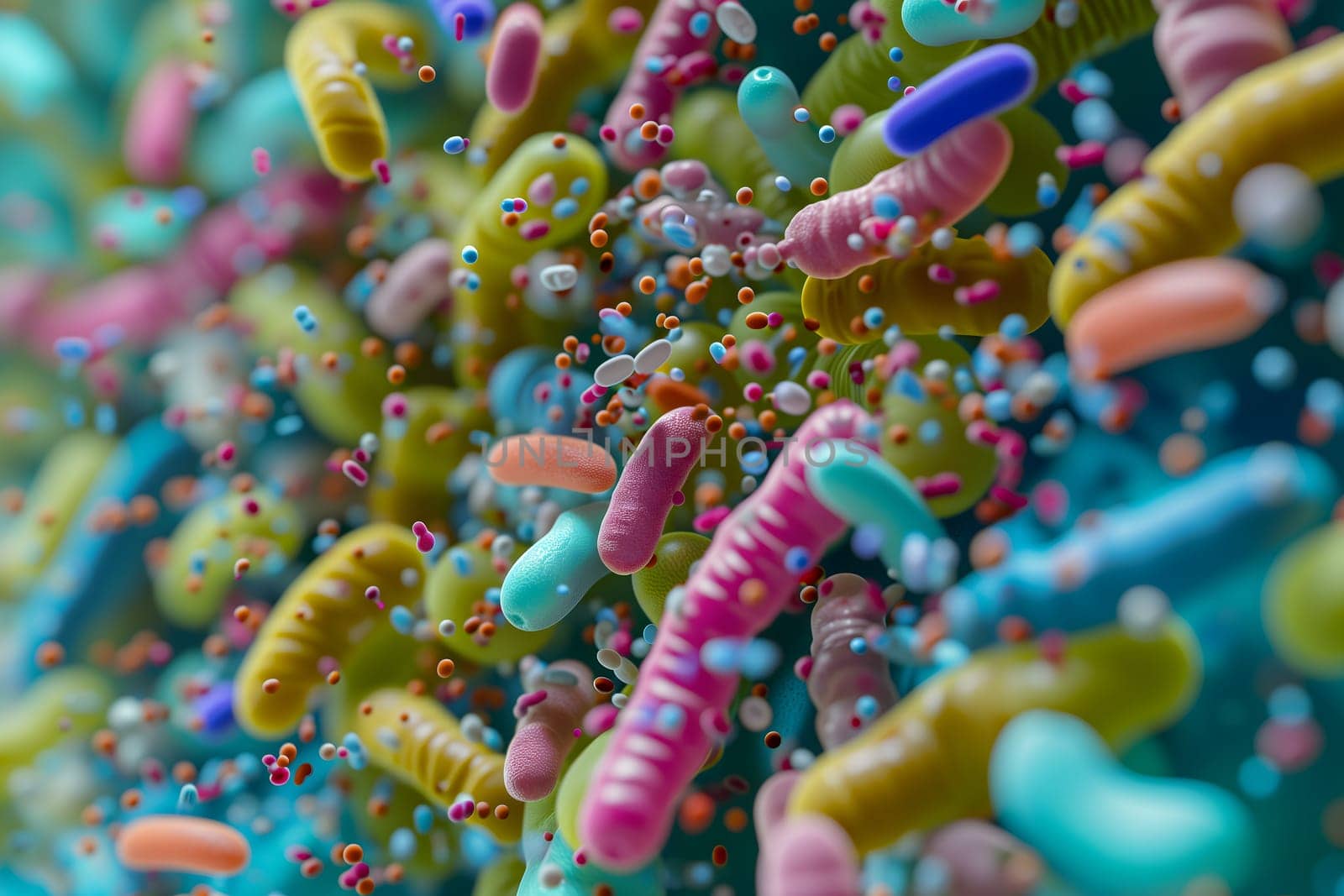 Diverse colorful abstract microbiome, containing many different types of microorganisms. Neural network generated in January 2024. Not based on any actual scene or pattern.