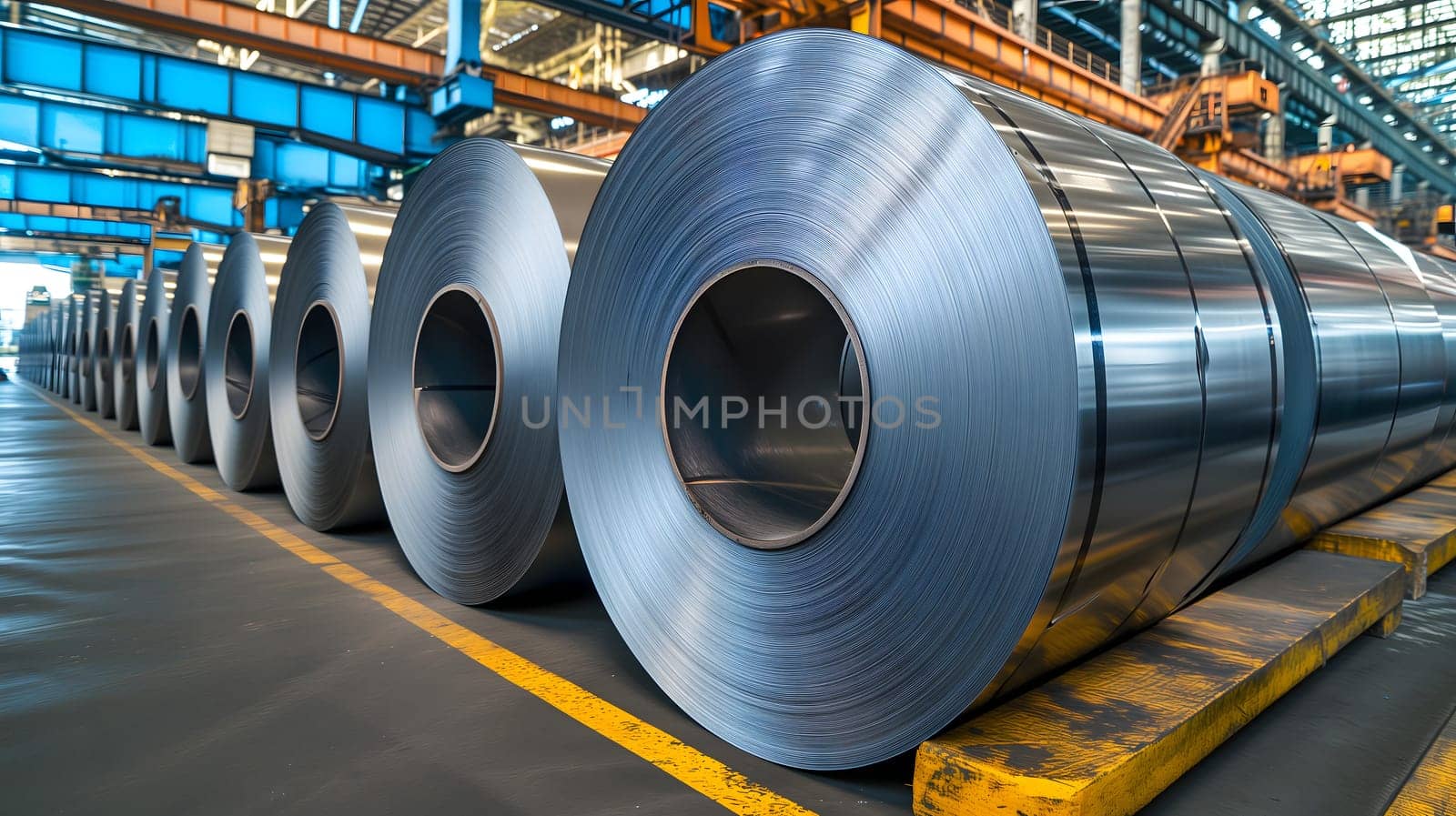 Packed rolls of steel sheet, Cold rolled steel coils in a warehouse. Neural network generated image. Not based on any actual person or scene.