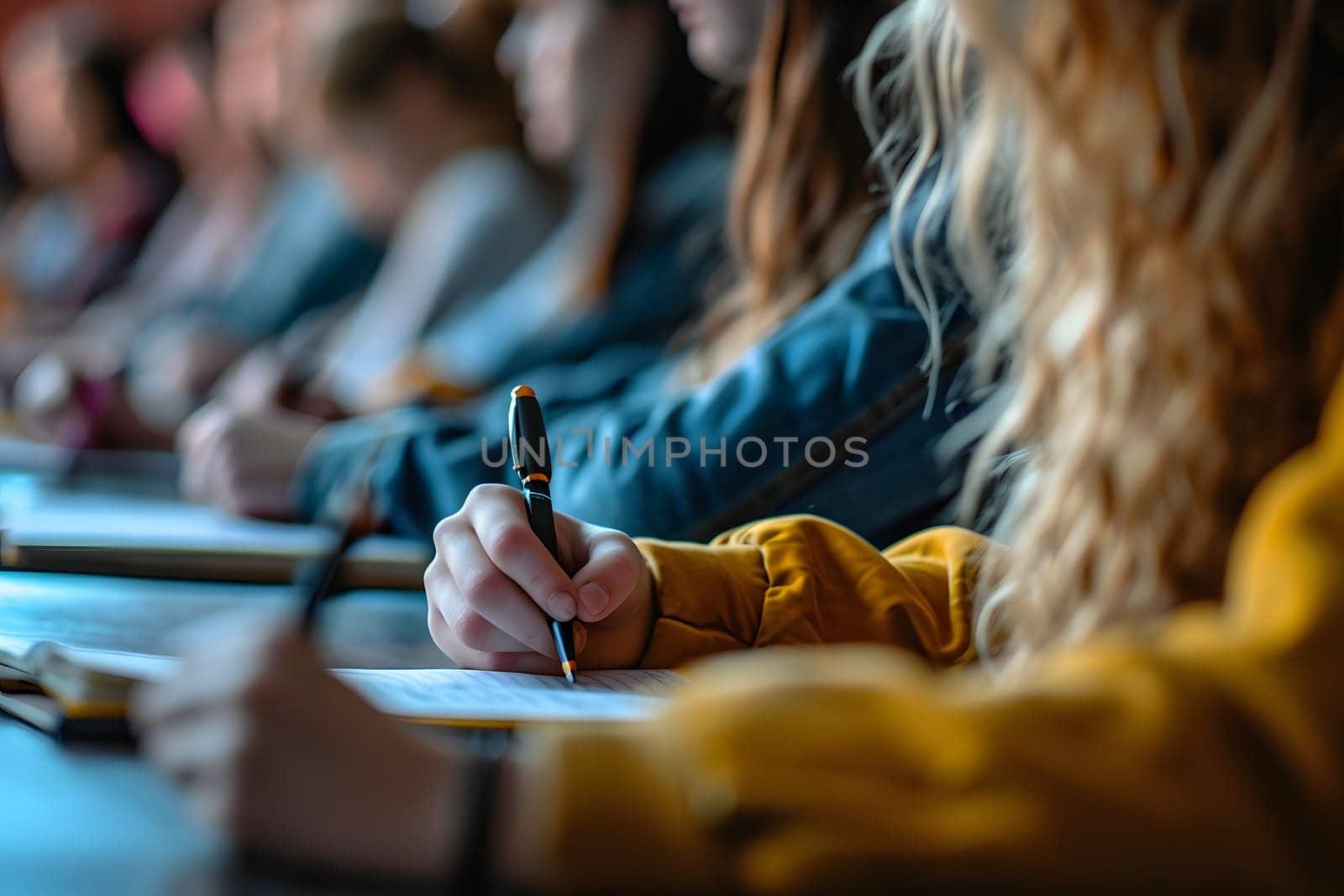 Close up, concept of students studying in a classroom lecture. Neural network generated image. Not based on any actual scene or pattern.