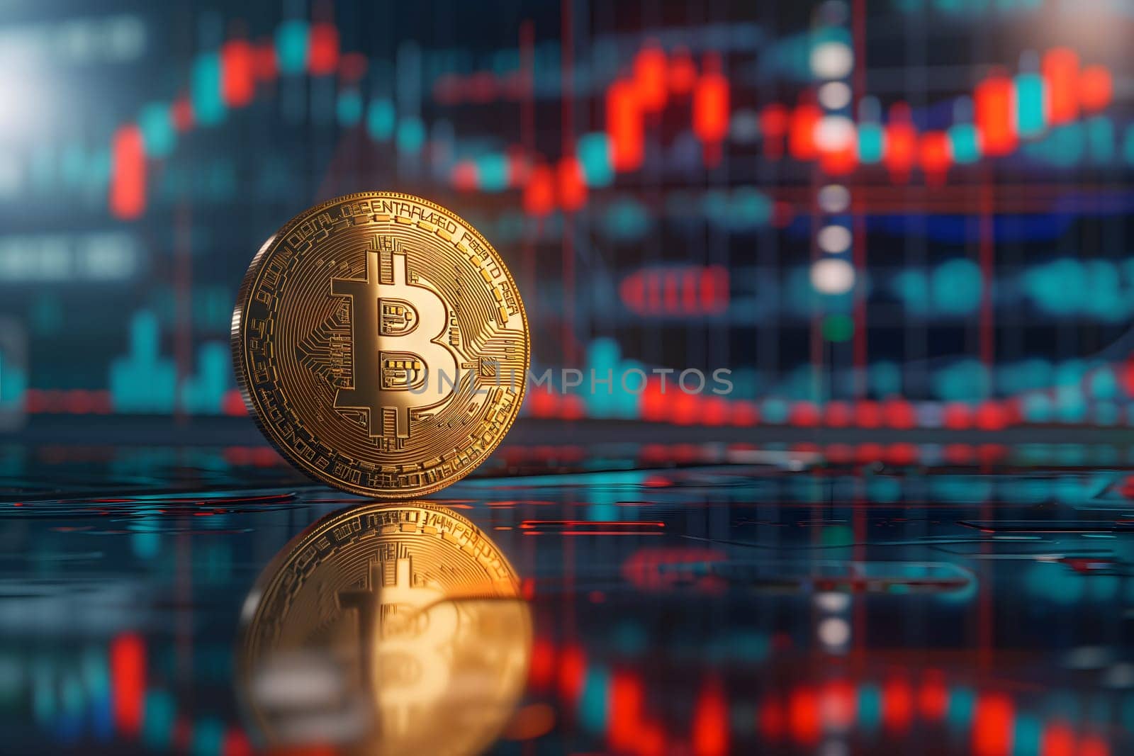 Bitcoin shiner in front of blurry trading charts screen. Dark appearance. Neural network generated image. Not based on any actual scene or pattern.