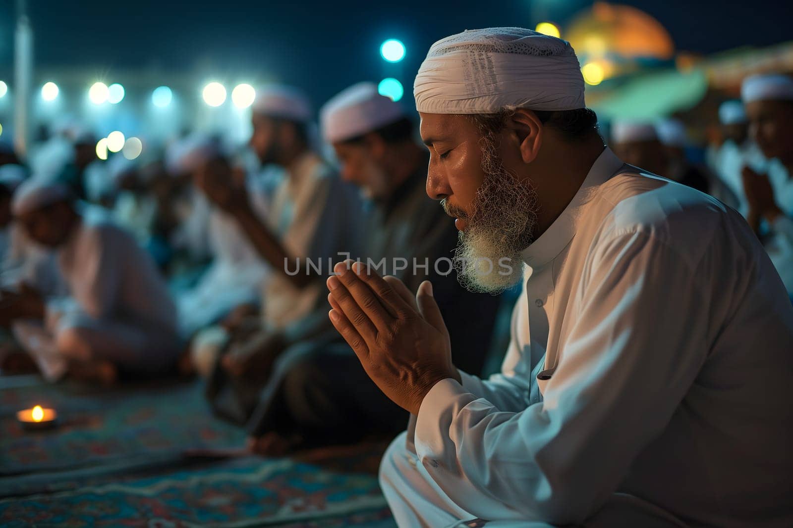 Muslim prayers praying at Ramadan night with selective focus. Neural network generated in January 2024. Not based on any actual scene or pattern.